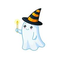 Halloween kawaii ghost dons striped witch hat vector