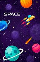 Space landscape poster, spaceship, galaxy planets vector