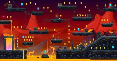 Arcade game volcano level map with stone platforms vector