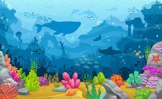 submarino hundido ciudad con algas marinas y mar animal vector