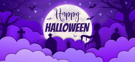 Halloween paper cut banner, mist clouds, zombie vector