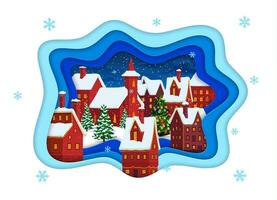 Christmas paper cut winter snowy town landscape vector