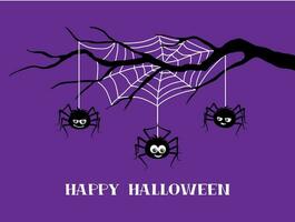 Funny Halloween spiders on cobweb holiday banner vector