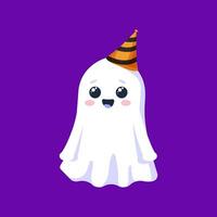 Víspera de Todos los Santos kawaii fantasma en a rayas festivo sombrero vector