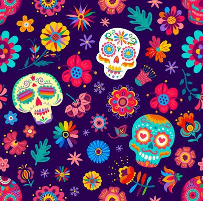 Seamless pattern with Mexican sugar calavera skull