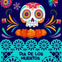 Day of Dead mexican papel picado, skull, flowers vector