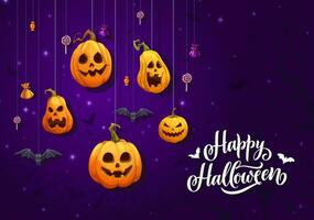 Scary Halloween pumpkins and sweets, holiday night vector