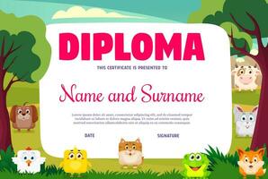 Kids diploma, square animals faces or cartoon zoo vector