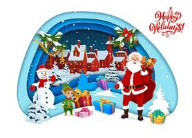 dibujos animados papel cortar saludo tarjeta, Papa Noel y regalos vector