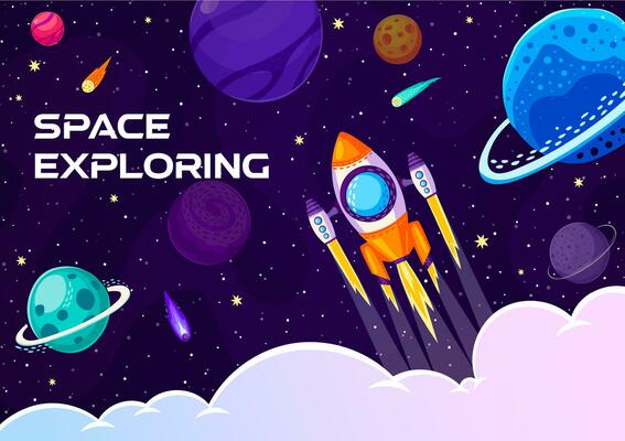 Space rocket launch, cartoon galaxy space planets