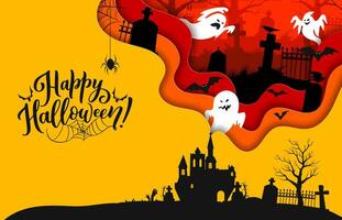 Halloween paper cut banner with castle and ghosts vector