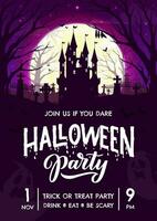 Halloween party flyer with dark castle on cemetery vector