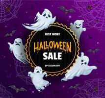 Halloween banner with flying ghosts, and cobweb vector