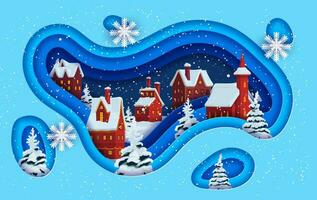 Christmas paper cut greeting card with winter town vector