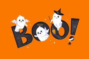 Halloween paper cut greetings quote BOO and ghosts vector