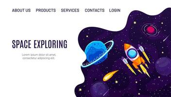 Galaxy space adventure landing page with spaceship vector