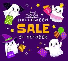 Halloween sale banner, kawaii ghosts, shopping bag vector