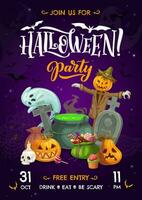 Halloween party flyer with cartoon witch cauldron vector