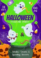 Halloween party flyer kawaii ghost, witch cauldron vector