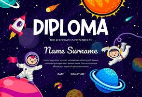 Kids diploma certificate, cartoon kid astronauts vector