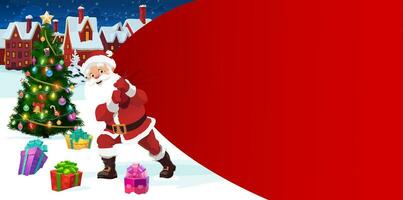Cartoon Santa with gifts bag and christmas tree vector