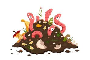 Cartoon funny earth worm characters in compost vector