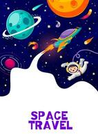 Cartoon space flyer with astronaut, galaxy planets vector