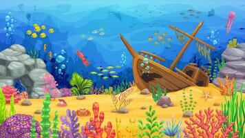 Sunken ship, fish and seaweed underwater landscape vector