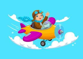 Cartoon kid pilot flying on plane at cloudy sky vector