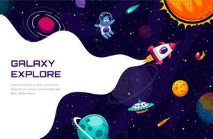 Galaxy explore. Flying rocket, alien and ufo vector