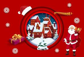 Christmas paper cut Santa and town landscape vector