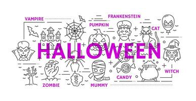 Halloween line art banner with holiday characters vector
