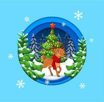 Christmas paper cut banner with cartoon reindeer vector