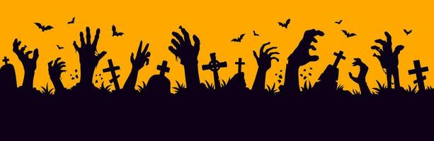 Halloween cemetery with zombie hands, gravestones vector