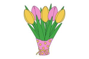 Spring colorful bouquet of tulips in wrapping paper in trendy shade of soft pink and yellow. Isolate vector