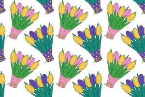 Seamless pattern of colorful spring tulip bouquets in multi colored wrapping paper. Hello spring vector