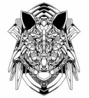 illustration of a wolf robot head in black and white and a mecha frame vector