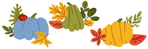 Vector illustration with a set of colorful pumpkins in a group with autumn leaves. Collection for stickers. The concept of vegetables, crops, food, agriculture. Autumn bright theme on a white