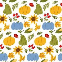 Seamless Happy Thanksgiving pattern with festive elements in a flat style. Hand-drawn background with pumpkins, corn, sunflower and harvest, leaves. Vector illustration for design, fabric or wrapping