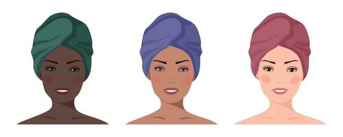 Set of portraits of women with towel hair. Diversity of skin colors. Vector illustration. Avatar for a social network. Vector flat illustration, web, design, beauty, make up and social media.