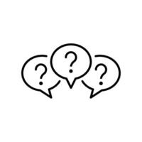 Three linear chat speech message icon. Speak bubble in forum discussion chatting. Group social communication with question mark in circle. Line Vector illustration. Design on white background. EPS 10