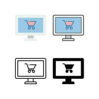 Trolley on monitor screen for shopping advertisement in e-commerce, online shop, e-payment or business. Monitor and shopping cart, trolley icon. vector illustration. Design on white background. EPS 10