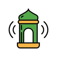 Islamic religion architecture. The Tall slender tower in muslim mosque. Eid al fitr mubarak. Minaret, adzan, eid, islam, ramadan, religion icon. Vector illustration. Design on white background. EPS10