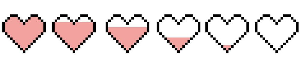 Set of pixel game life bar. Pixel heart icon, pixel hearts for game. Red hearts of life, game life symbol. Indicators of health, game progress bars. Vector illustration