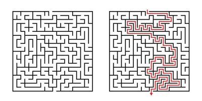 Vector Square Maze - Labyrinth with Included Solution in Black Red. Funny Educational Mind Game for Coordination, Problems Solving, Decision Making Skills Test.