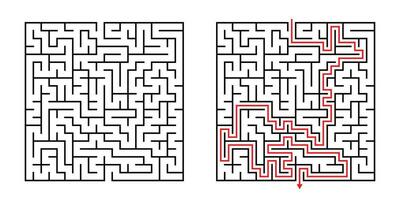Vector Square Maze - Labyrinth with Included Solution in Black Red. Funny Educational Mind Game for Coordination, Problems Solving, Decision Making Skills Test.