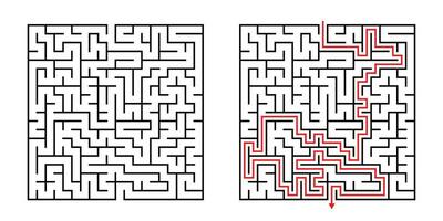 Vector Square Maze - Labyrinth with Included Solution in Black Red. Funny Educational Mind Game for Coordination, Problems Solving, Decision Making Skills Test.