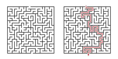 Vector Square Maze - Labyrinth with Included Solution in Black Red. Funny Educational Mind Game for Coordination, Problems Solving, Decision Making Skills Test.