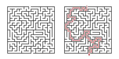 Vector Square Maze - Labyrinth with Included Solution in Black Red. Funny Educational Mind Game for Coordination, Problems Solving, Decision Making Skills Test.