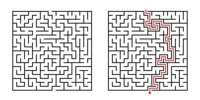 Vector Square Maze - Labyrinth with Included Solution in Black Red. Funny Educational Mind Game for Coordination, Problems Solving, Decision Making Skills Test.